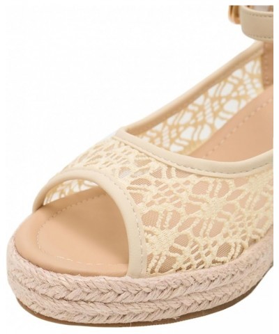 Wedge Heel Cut-Out Vamp Peep Toe Slingback Women's Sandals Mesh Beige $27.35 Sandals