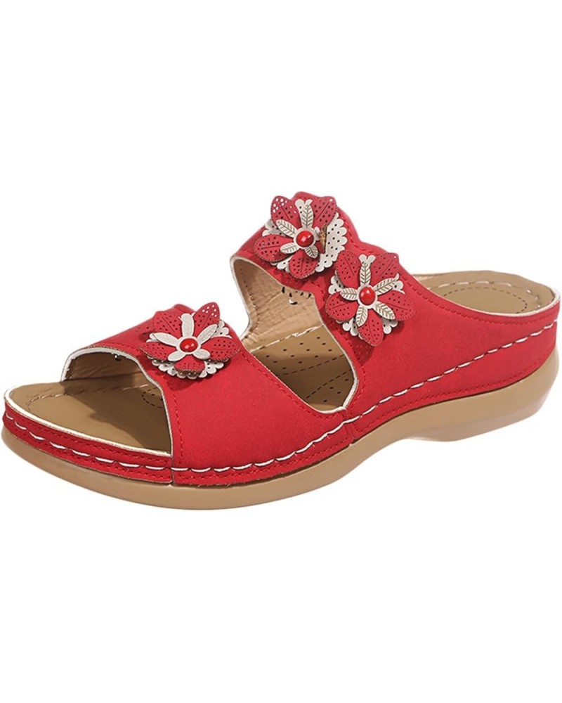 Womens Sandals Dressy Wide Width Sandals Walking Slippers With Arch Support Anti-Slip Breathable Vintage Flip Flops Red $9.81...