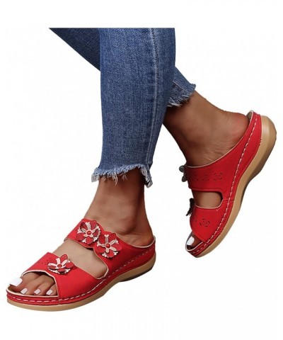 Womens Sandals Dressy Wide Width Sandals Walking Slippers With Arch Support Anti-Slip Breathable Vintage Flip Flops Red $9.81...