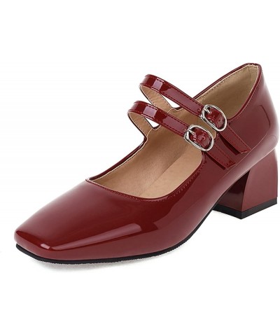 Women Comfort Mid Block Heels Mary Jane with Square Toe Red $21.34 Pumps