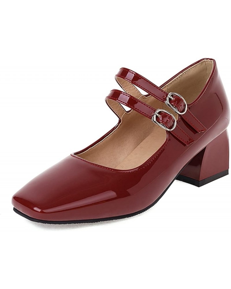 Women Comfort Mid Block Heels Mary Jane with Square Toe Red $21.34 Pumps