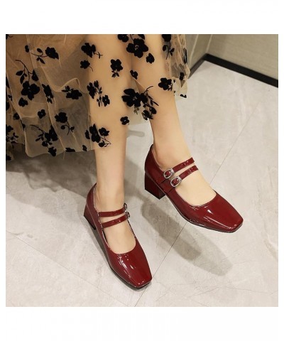 Women Comfort Mid Block Heels Mary Jane with Square Toe Red $21.34 Pumps