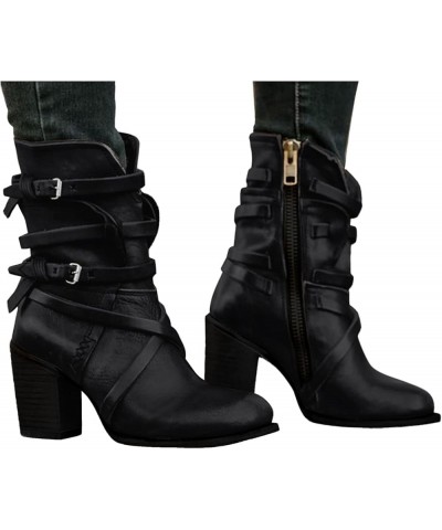 Womens Chunky Heel Ankle Boots Fashion Buckle Strap High Heels Mid Calf Boots Pointed Toe Side Zipper Cowboy Booties for Wome...