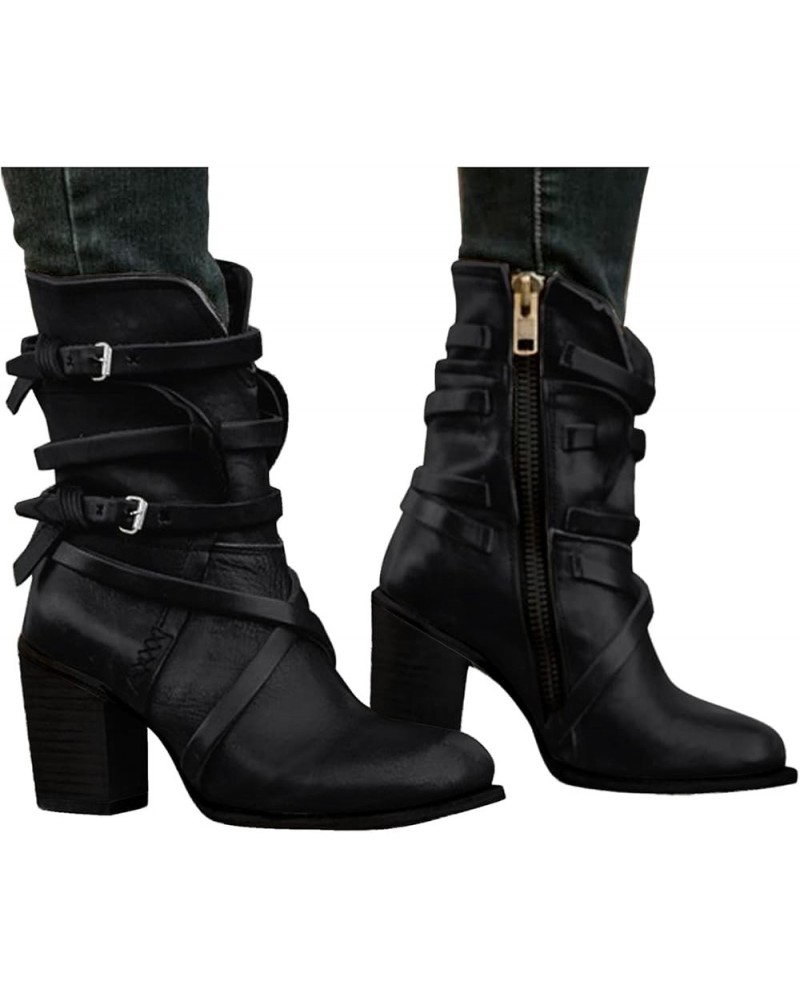 Womens Chunky Heel Ankle Boots Fashion Buckle Strap High Heels Mid Calf Boots Pointed Toe Side Zipper Cowboy Booties for Wome...