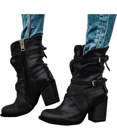 Womens Chunky Heel Ankle Boots Fashion Buckle Strap High Heels Mid Calf Boots Pointed Toe Side Zipper Cowboy Booties for Wome...