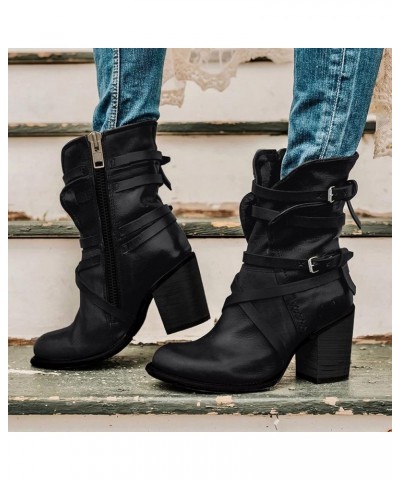 Womens Chunky Heel Ankle Boots Fashion Buckle Strap High Heels Mid Calf Boots Pointed Toe Side Zipper Cowboy Booties for Wome...