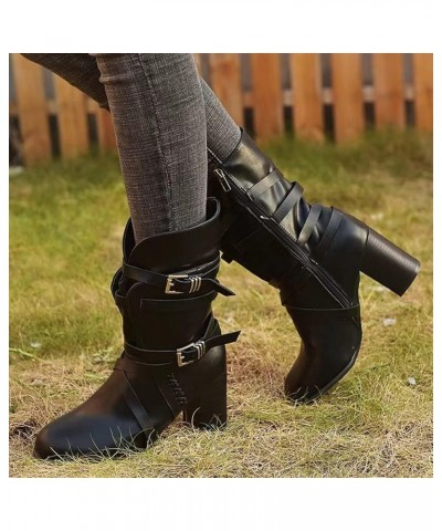 Womens Chunky Heel Ankle Boots Fashion Buckle Strap High Heels Mid Calf Boots Pointed Toe Side Zipper Cowboy Booties for Wome...