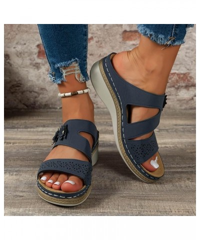 Shoes for Women Elastic Ankle Strap Block Low Chunky Heel Wedges Sandal Flat Mules Open Toe Party Sandal 153-htrns-d-blue $21...