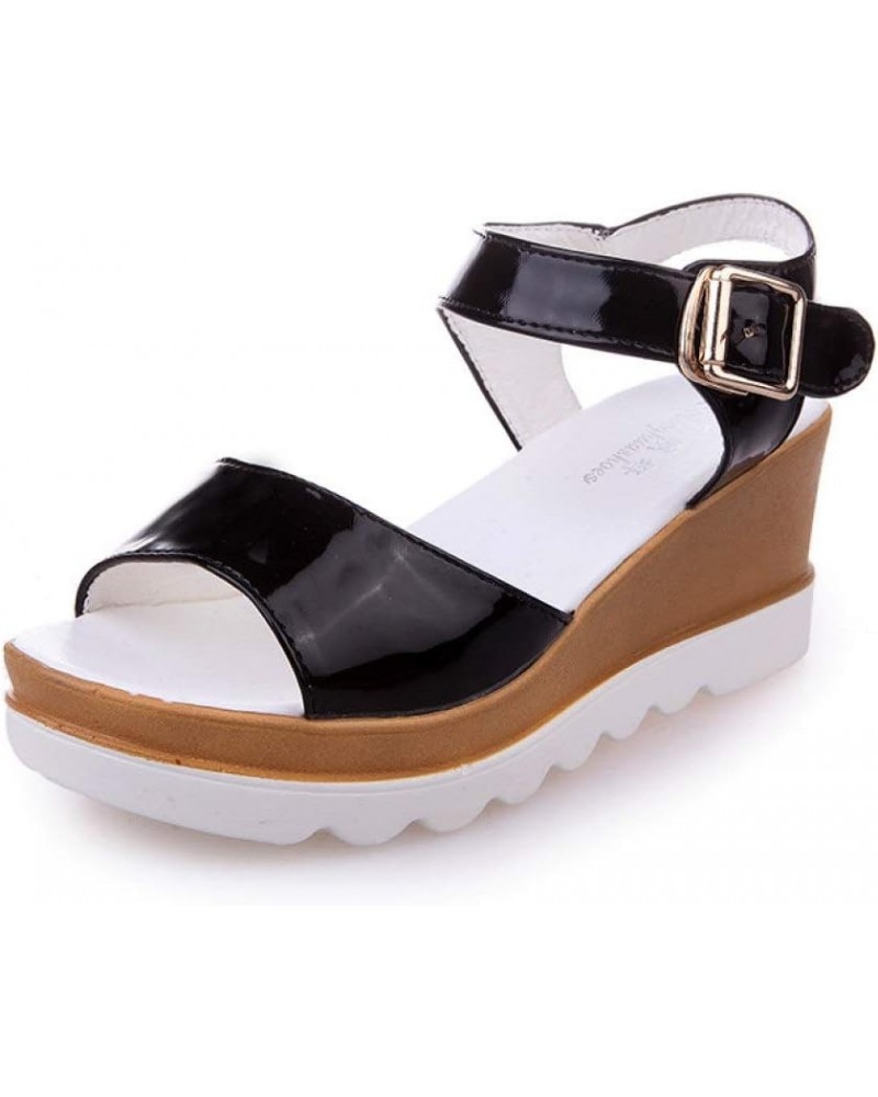 Women Wedge Platform Sandals Ankle Strap Comfort High Heel Summer PU Leather Slip On Peep Toe Sandal Black $27.99 Sandals