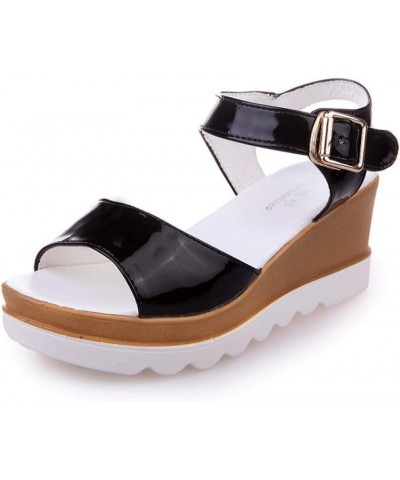 Women Wedge Platform Sandals Ankle Strap Comfort High Heel Summer PU Leather Slip On Peep Toe Sandal Black $27.99 Sandals