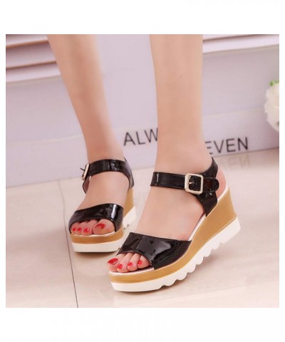 Women Wedge Platform Sandals Ankle Strap Comfort High Heel Summer PU Leather Slip On Peep Toe Sandal Black $27.99 Sandals