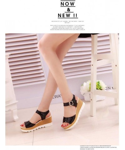 Women Wedge Platform Sandals Ankle Strap Comfort High Heel Summer PU Leather Slip On Peep Toe Sandal Black $27.99 Sandals