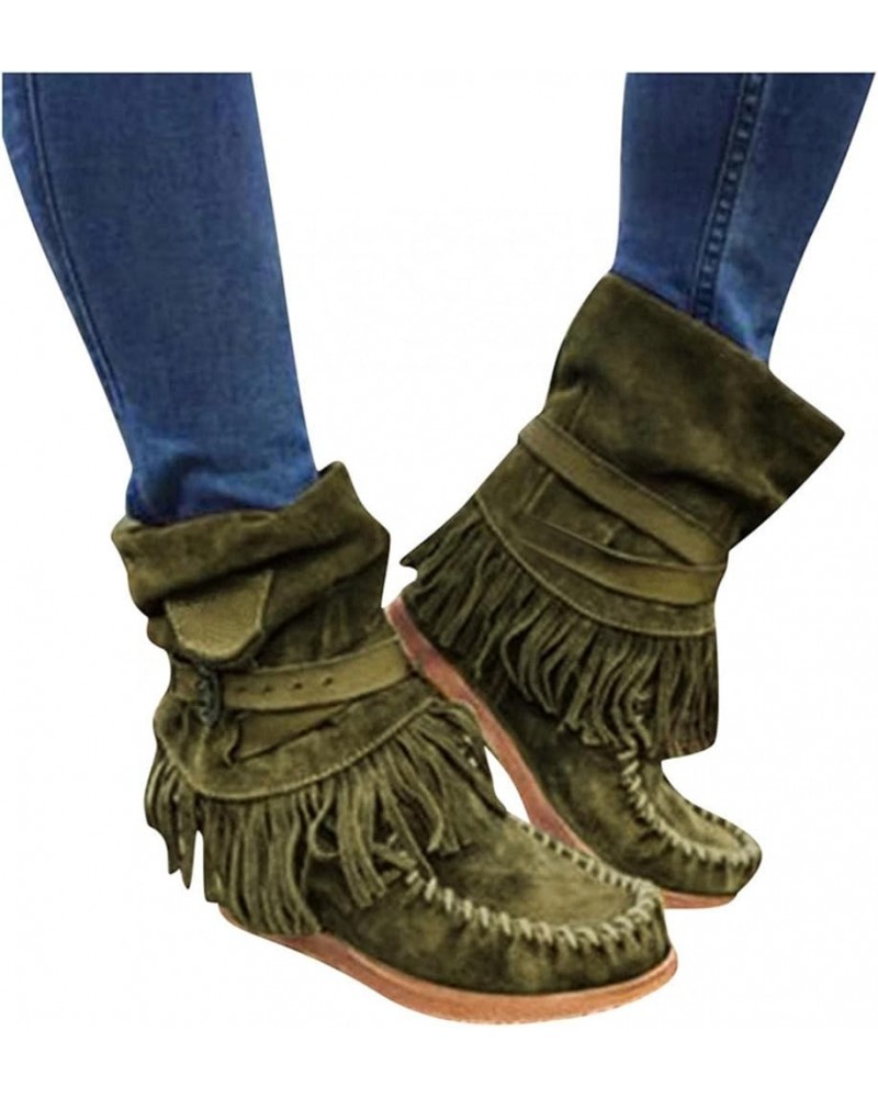 Women Boots Mid Knee High Boots Chunky Heel Fringe Side Zipper Fashion Winter Shoes Cowboy Booties Green $16.08 Fashion Sneakers