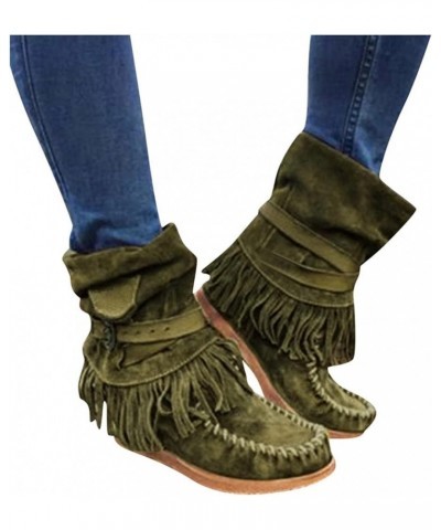 Women Boots Mid Knee High Boots Chunky Heel Fringe Side Zipper Fashion Winter Shoes Cowboy Booties Green $16.08 Fashion Sneakers