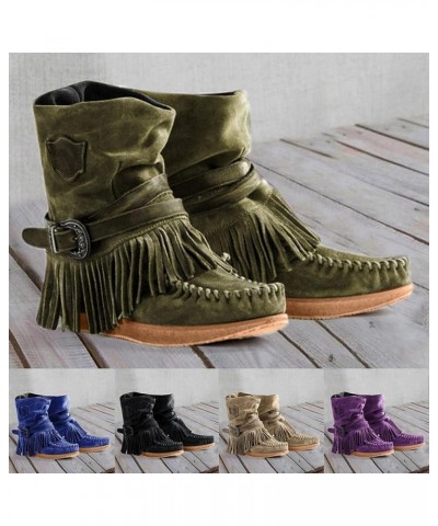 Women Boots Mid Knee High Boots Chunky Heel Fringe Side Zipper Fashion Winter Shoes Cowboy Booties Green $16.08 Fashion Sneakers