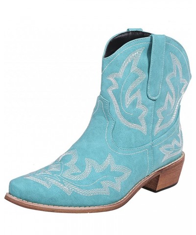 Hiking Boots Women Embroidered Stitched Square Heels Slip-On Short Booties Women's Ankle Boots & Booties Mint Green 5.5 $11.8...