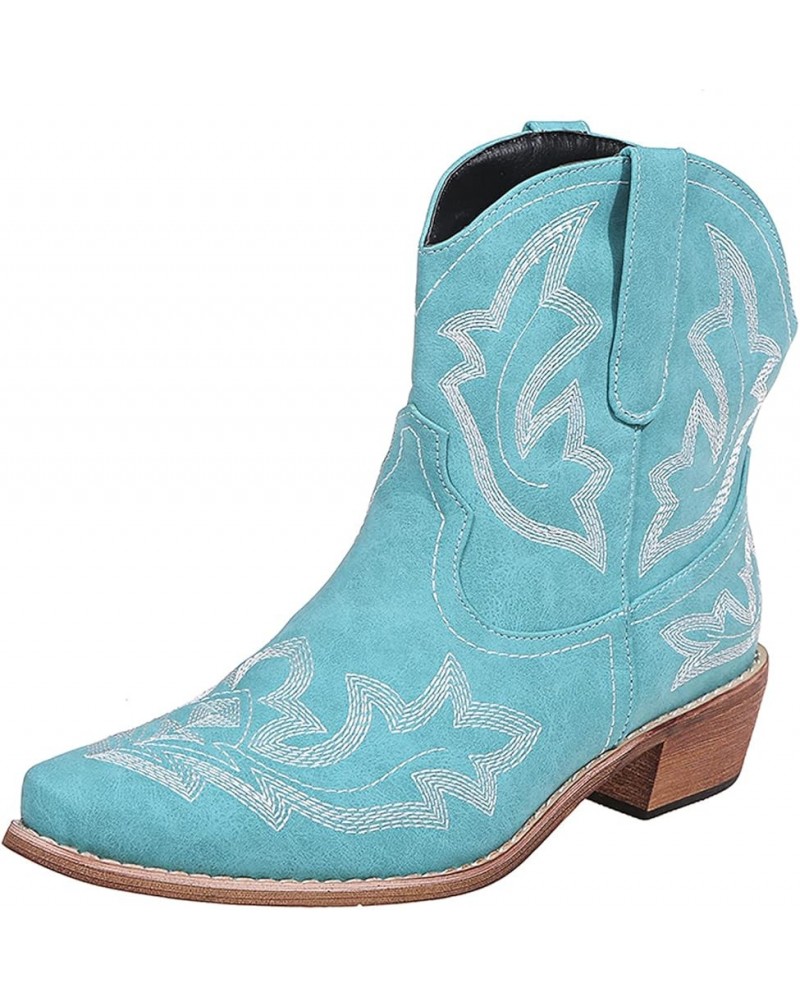 Hiking Boots Women Embroidered Stitched Square Heels Slip-On Short Booties Women's Ankle Boots & Booties Mint Green 5.5 $11.8...