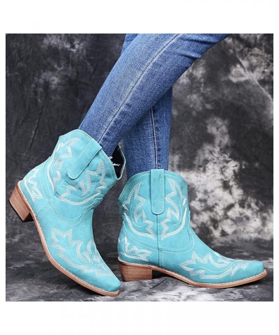 Hiking Boots Women Embroidered Stitched Square Heels Slip-On Short Booties Women's Ankle Boots & Booties Mint Green 5.5 $11.8...