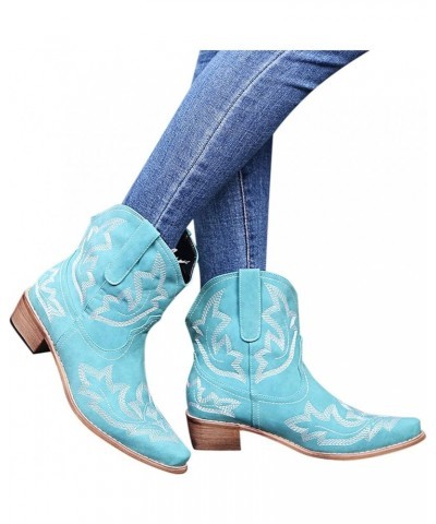 Hiking Boots Women Embroidered Stitched Square Heels Slip-On Short Booties Women's Ankle Boots & Booties Mint Green 5.5 $11.8...