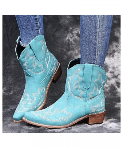 Hiking Boots Women Embroidered Stitched Square Heels Slip-On Short Booties Women's Ankle Boots & Booties Mint Green 5.5 $11.8...