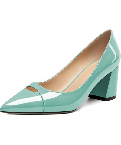 Women's Mid Block Heel Pumps, Pointed Toe Slip On Chunky Heels Ladies Work Office Dress Shoes 2.5 Inches Patent Mint Green $2...