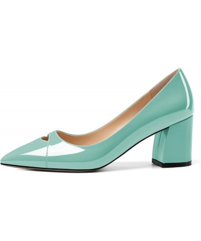 Women's Mid Block Heel Pumps, Pointed Toe Slip On Chunky Heels Ladies Work Office Dress Shoes 2.5 Inches Patent Mint Green $2...