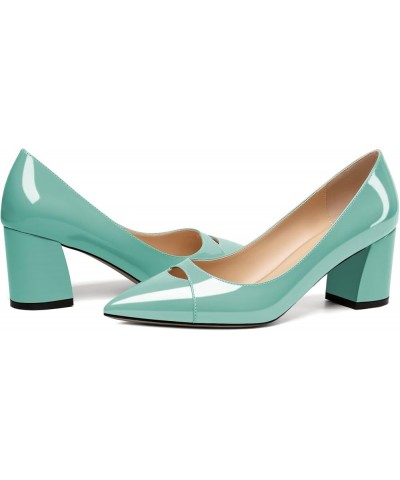 Women's Mid Block Heel Pumps, Pointed Toe Slip On Chunky Heels Ladies Work Office Dress Shoes 2.5 Inches Patent Mint Green $2...