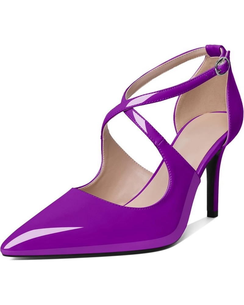 High Heels for Women Pointed Toe Stiletto Heels Pumps Closed Toe 3.5" Criss-Cross Strappy Slim Thin Heel Shoes Patent Purple ...