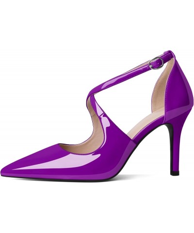 High Heels for Women Pointed Toe Stiletto Heels Pumps Closed Toe 3.5" Criss-Cross Strappy Slim Thin Heel Shoes Patent Purple ...