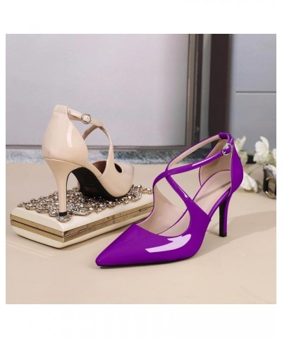 High Heels for Women Pointed Toe Stiletto Heels Pumps Closed Toe 3.5" Criss-Cross Strappy Slim Thin Heel Shoes Patent Purple ...