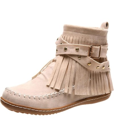 Solid Retro Round Zipper Tassel Shoes Short Booties Color Women Flat Suede Toe women's boots Beige $14.70 Boots