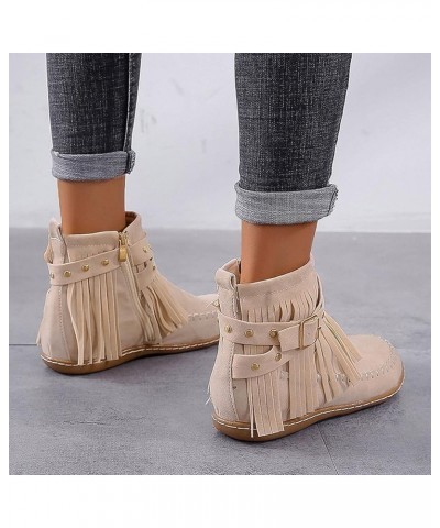 Solid Retro Round Zipper Tassel Shoes Short Booties Color Women Flat Suede Toe women's boots Beige $14.70 Boots