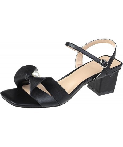 Women Pearl Bow Decor Chunky Heels Sandals Summer Breathable Square Open Toe Thick Middle Sandals Buckle Strap Black 7.5 $20....