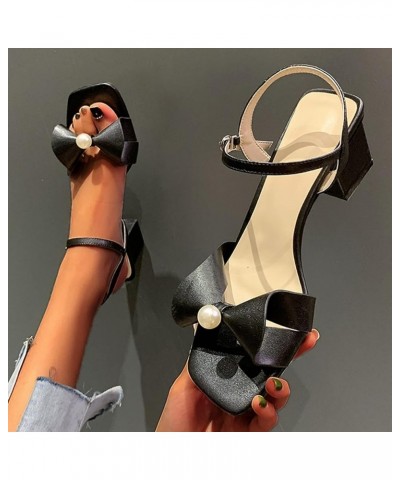 Women Pearl Bow Decor Chunky Heels Sandals Summer Breathable Square Open Toe Thick Middle Sandals Buckle Strap Black 7.5 $20....