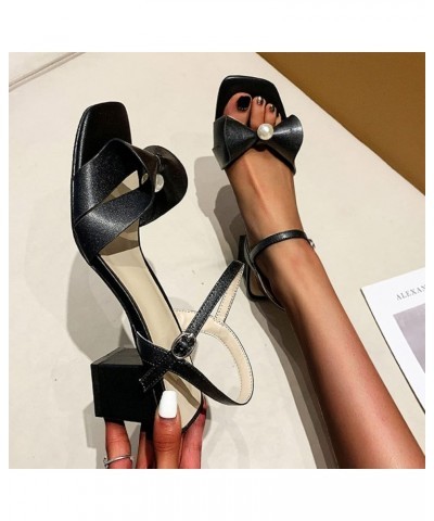 Women Pearl Bow Decor Chunky Heels Sandals Summer Breathable Square Open Toe Thick Middle Sandals Buckle Strap Black 7.5 $20....