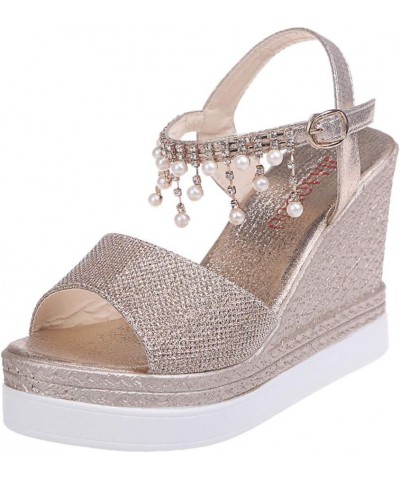 Women Ankle Strap Sparkly Rhinestone Low Wedge Sandals Summer Comfort Flat Sling Back Slide Sandal 183-hyems-gold4 $13.71 San...