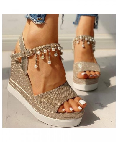 Women Ankle Strap Sparkly Rhinestone Low Wedge Sandals Summer Comfort Flat Sling Back Slide Sandal 183-hyems-gold4 $13.71 San...