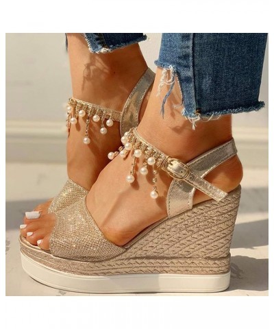 Women Ankle Strap Sparkly Rhinestone Low Wedge Sandals Summer Comfort Flat Sling Back Slide Sandal 183-hyems-gold4 $13.71 San...