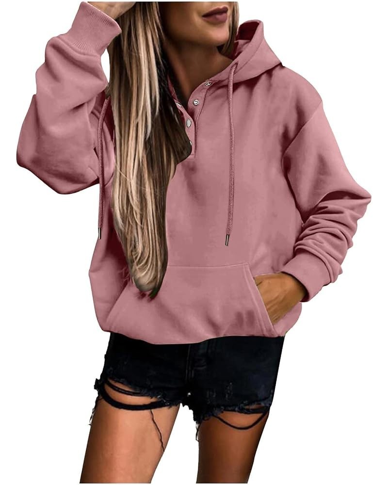 Women's Solid Colour Pullover Hoodies Casual Button Down Long Sleeve Sweatshirts Fashion Tie Tops with Pocket Small 1-rose Go...