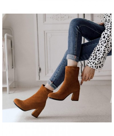 Women Block Heel Stretch Boots Women Round Toe Stretch Boots Women Evening Suede Dress Ankle Boots Brown $24.07 Boots