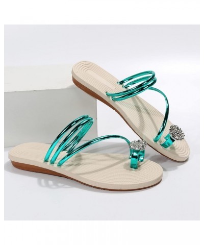 Ladies Fashion Summer Solid Color Leather Rhinestone Toe Straw Woven Flat Slippers Womens Sandals Dressy Green 7 $11.00 Sandals