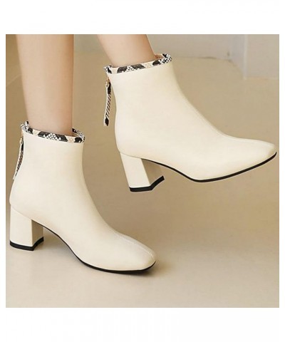 Womens Square Toe Booties Chunky High Heel Zip Up Ankle Boots Beige $30.24 Boots