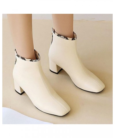 Womens Square Toe Booties Chunky High Heel Zip Up Ankle Boots Beige $30.24 Boots