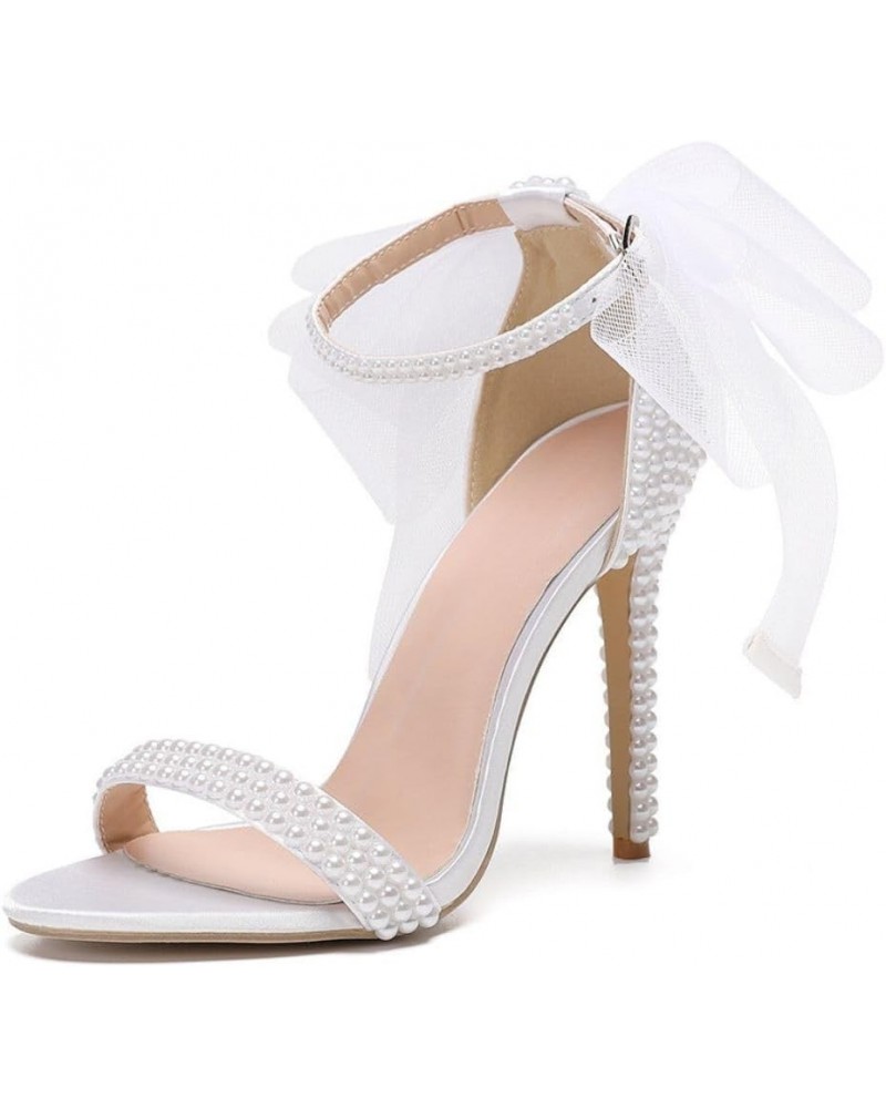 Bow Crystal Stiletto Heeled Sandals Shiny Pearl Buckle Ankle Strap Party Pumps Peep Toe Evening Wedding Shoes For Bride M-whi...