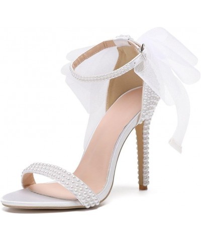 Bow Crystal Stiletto Heeled Sandals Shiny Pearl Buckle Ankle Strap Party Pumps Peep Toe Evening Wedding Shoes For Bride M-whi...