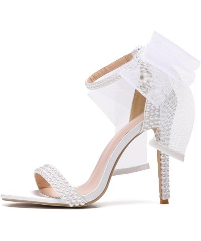 Bow Crystal Stiletto Heeled Sandals Shiny Pearl Buckle Ankle Strap Party Pumps Peep Toe Evening Wedding Shoes For Bride M-whi...