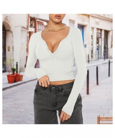 Solid Color Long Sleeve Top Slimming Buttoned Women's Clothing Workout Tee Shirts Women White $10.34 Athletic Shoes