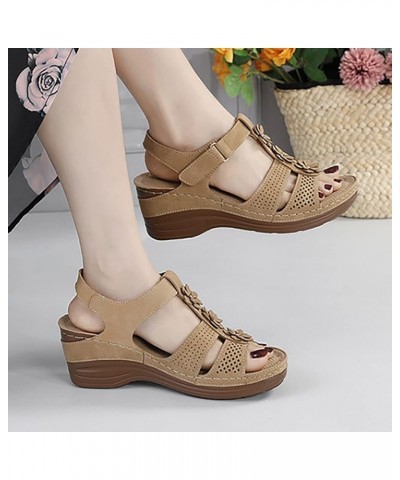 Vintage Flower Decor Hook Loop Wedge Sandals for Women Breathable Open Toe Slip on Platform Sandals Ankle Strap Sandals Beige...