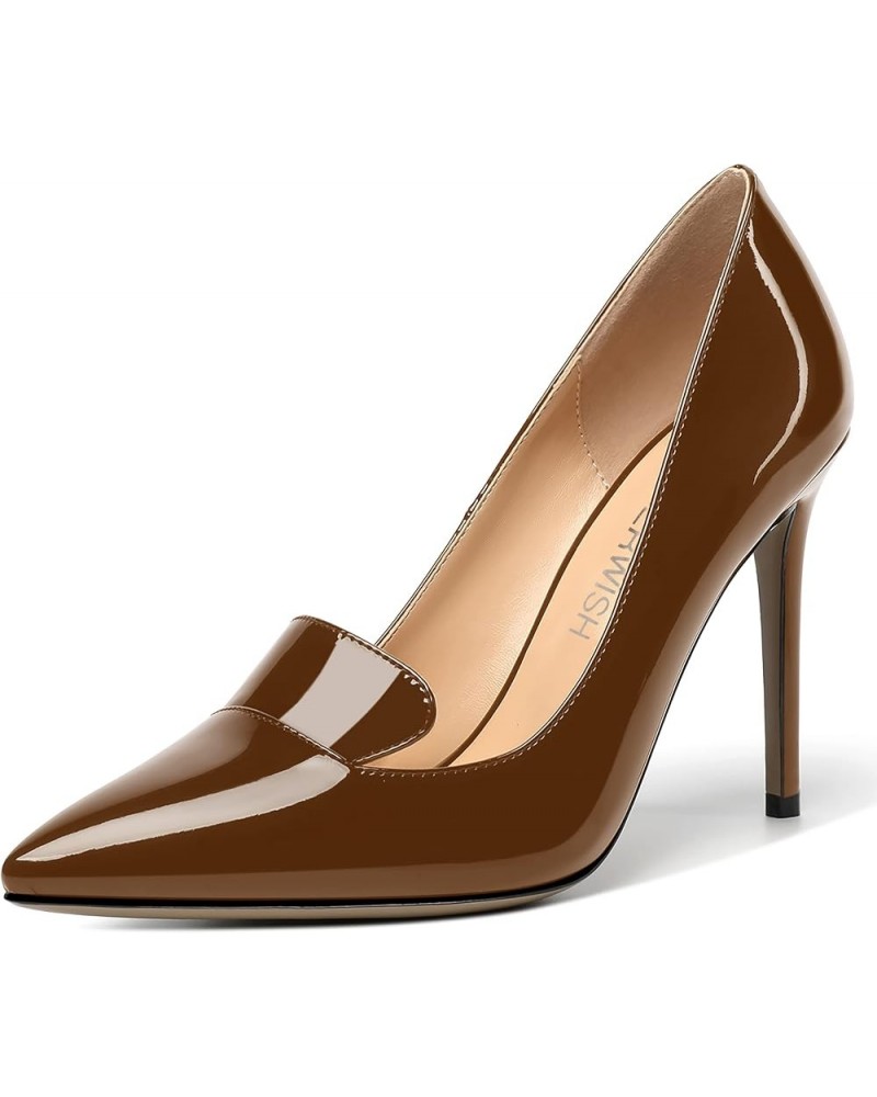 Womens Elegant Slip On Pointed Toe Wedding Classic Patent Stiletto High Heel Pumps Dress Shoes 4 Inch Brown $37.90 Pumps