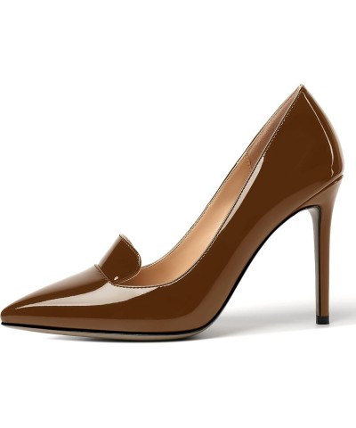 Womens Elegant Slip On Pointed Toe Wedding Classic Patent Stiletto High Heel Pumps Dress Shoes 4 Inch Brown $37.90 Pumps